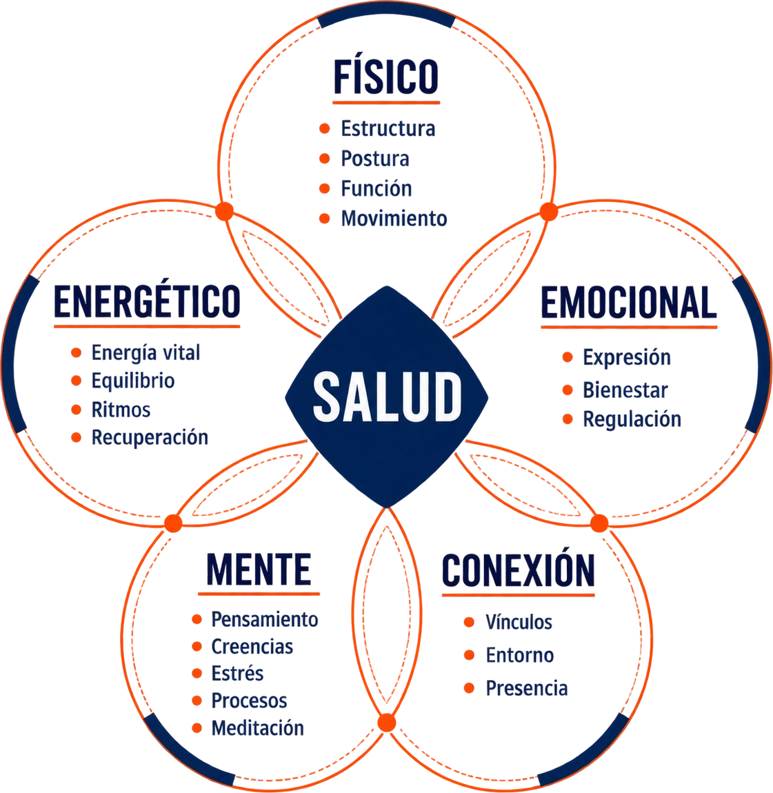 Diagrama: cinco círculos entrelazados que confluyen en la salud. Físico: estructura, postura, función y movimiento. Energético: energía vital, equilibrio, ritmos y recuperación. Emocional: expresión, bienestar y regulación. Mente: pensamiento, creencias, estrés, procesos y meditación. Conexión: vínculos, entorno y presencia.