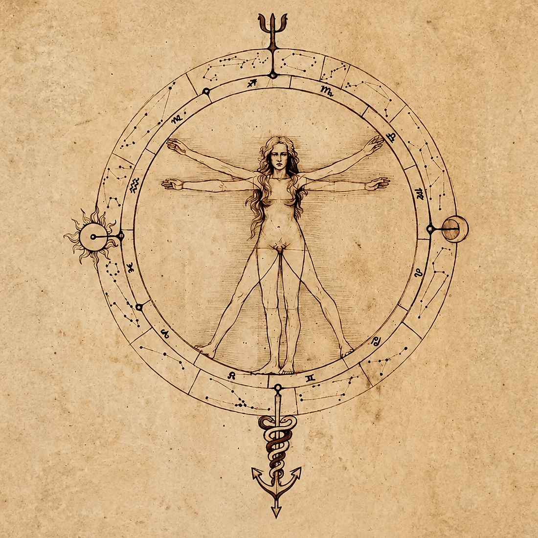 Dibujo al estilo renacentista: una figura humana con los brazos extendidos dentro de un círculo, rodeada por los ciclos y elementos que la atraviesan